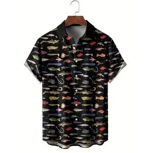 Fishing Lures on Black Men's Button Up Shirt Short Sleeve Size XXL Polyester NEW